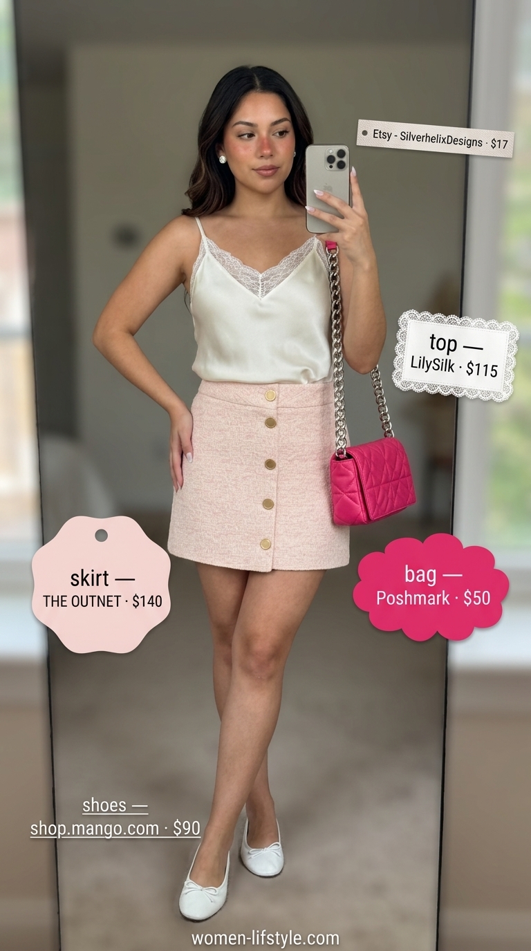 Trendy mini skirt outfits summer 2026: Pastel pink tweed mini skirt with lace cami and ballet flats for Paris.