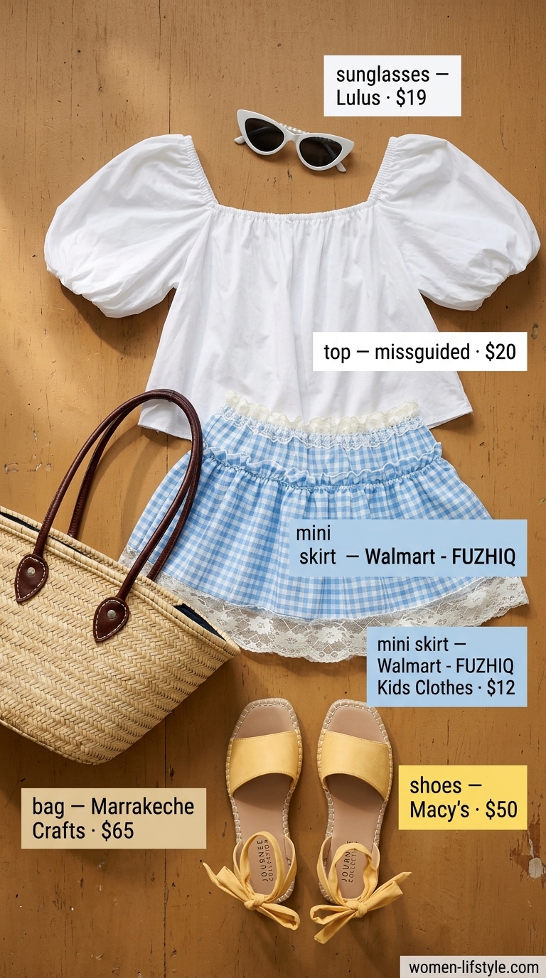 Trendy mini skirt outfits summer 2026: Light blue gingham skirt, puff sleeve top, espadrilles for a picnic.