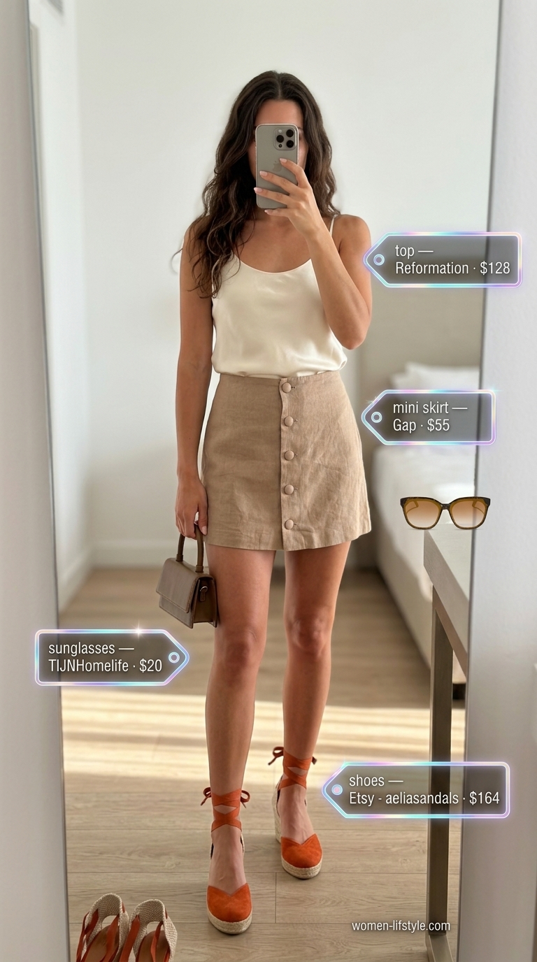 Beige linen mini skirt outfit for summer 2026, with terracotta wedges and ivory camisole. Elegant vacation style.