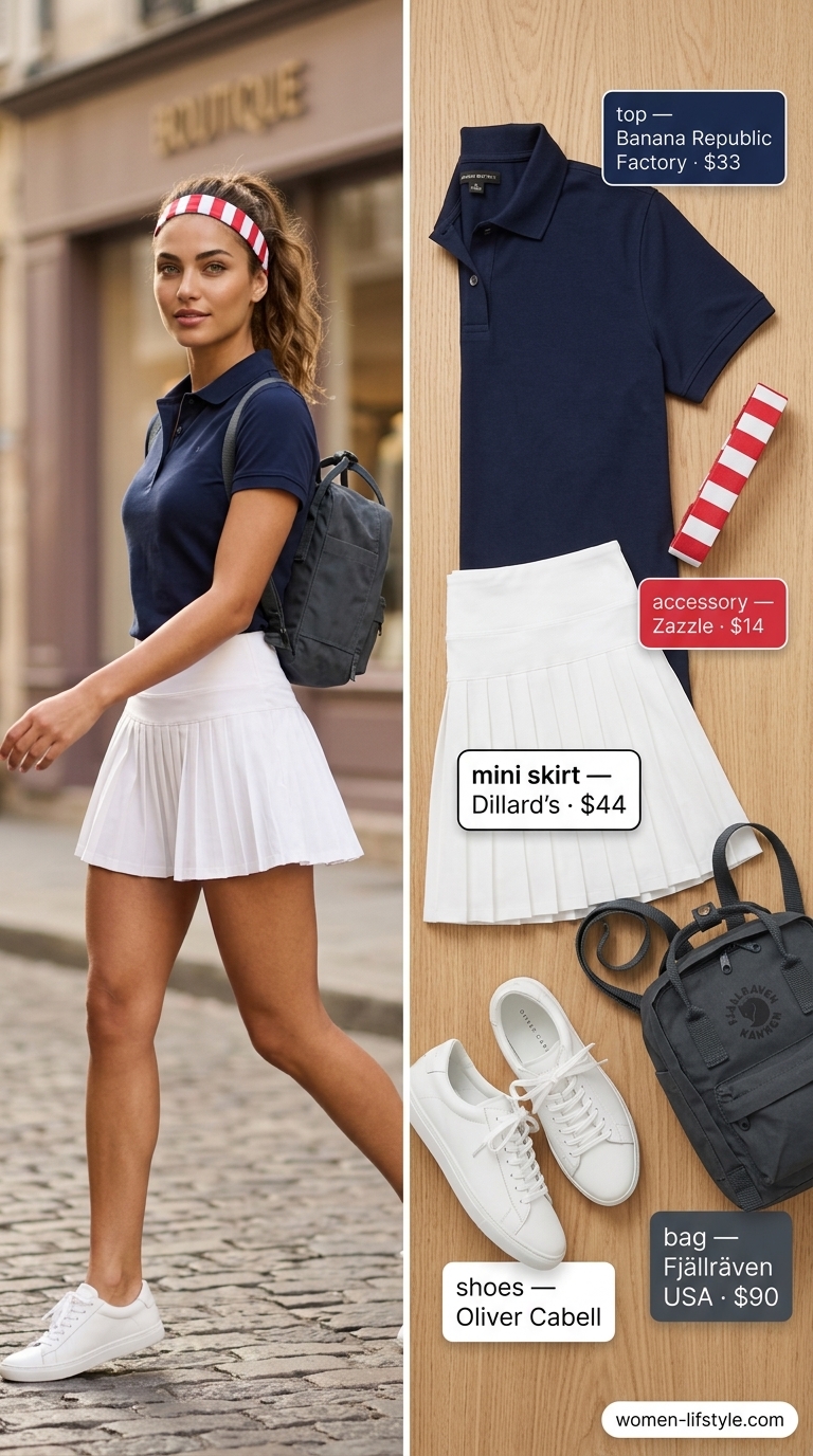 Trendy mini skirt outfits summer 2026: White pleated tennis mini skirt with navy polo and sneakers for a sporty look.