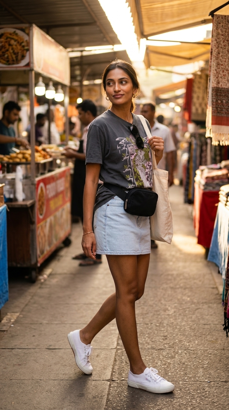 Light wash denim mini skirt outfit for summer 2026, with graphic tee and sneakers. Urban casual style.