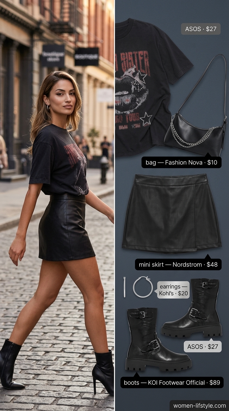 Trendy mini skirt outfits summer 2026: Black faux leather skirt, band tee, platform boots for an edgy night out.