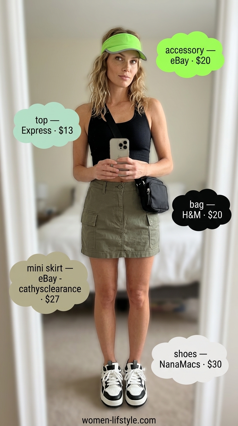 Khaki cargo mini skirt outfit for summer 2026, with neon visor and crop top. Utilitarian festival style.