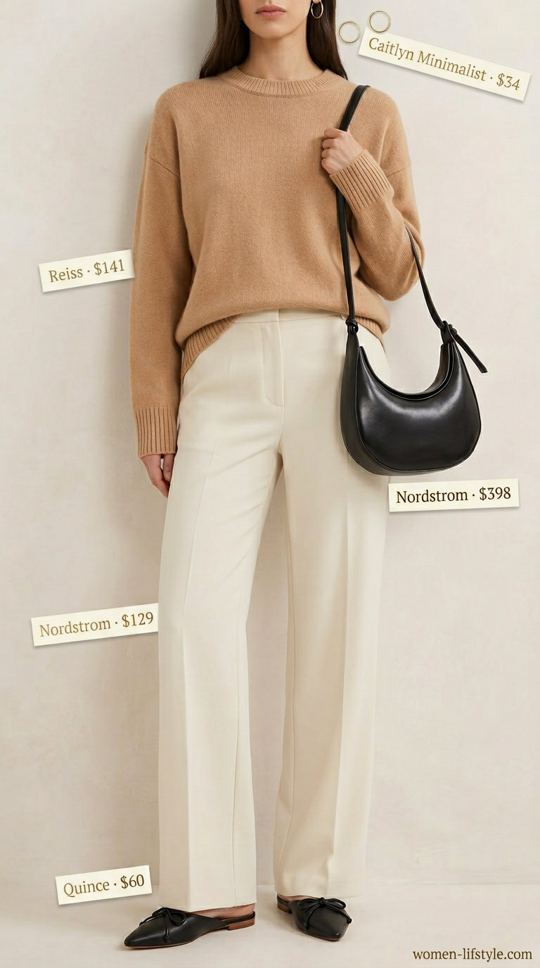 Luxurious camel sweater for trendy mom outfits summer 2026. Perfect for elevated everyday comfort with wide-leg pants.
