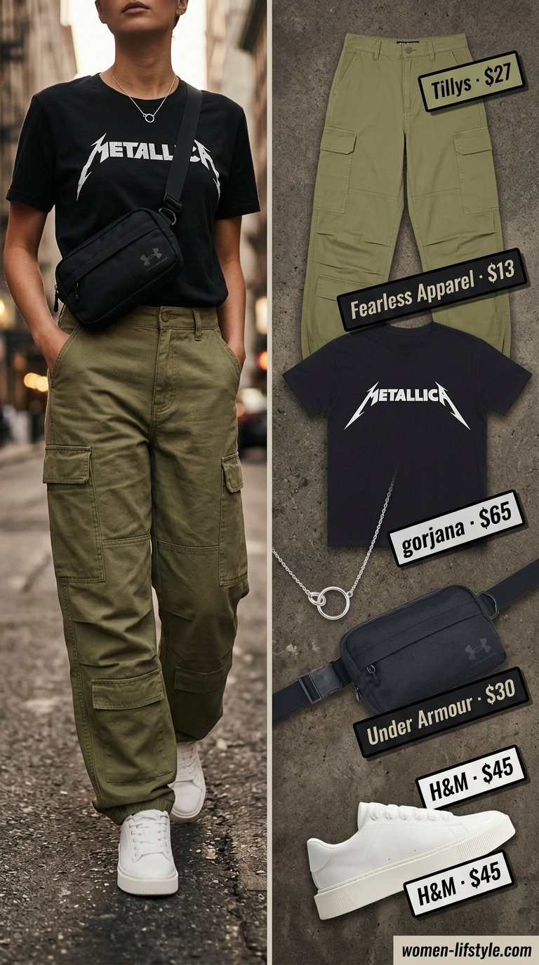 Edgy olive green cargo pants for trendy mom outfits summer 2026. Great for urban exploration with graphic tee.