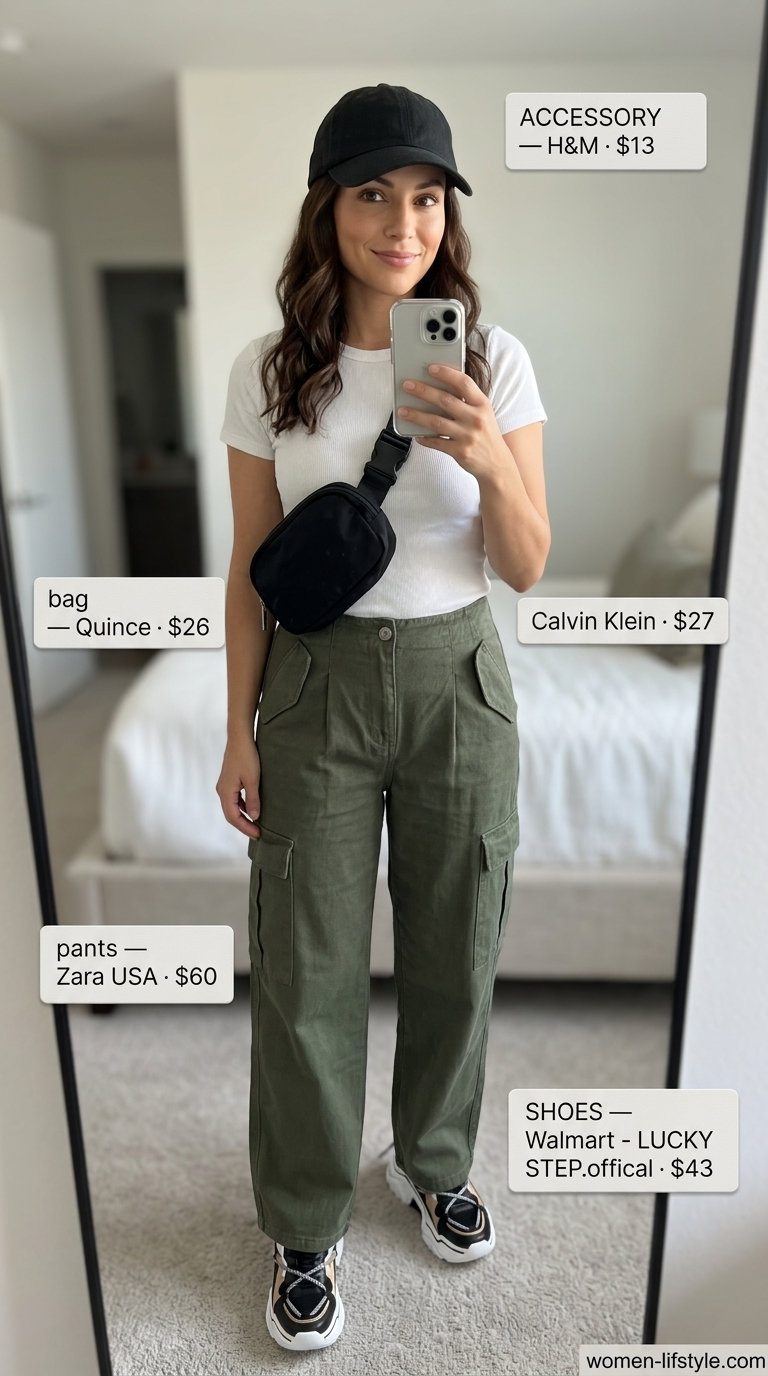 Trendy mom outfits summer 2026: Khaki cargo pants, white tee, belt bag, and sneakers for casual day out.