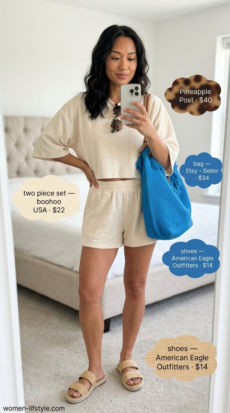 Trendy mom outfits summer 2026: Cream knit set with light blue tote and espadrilles for travel and casual days.