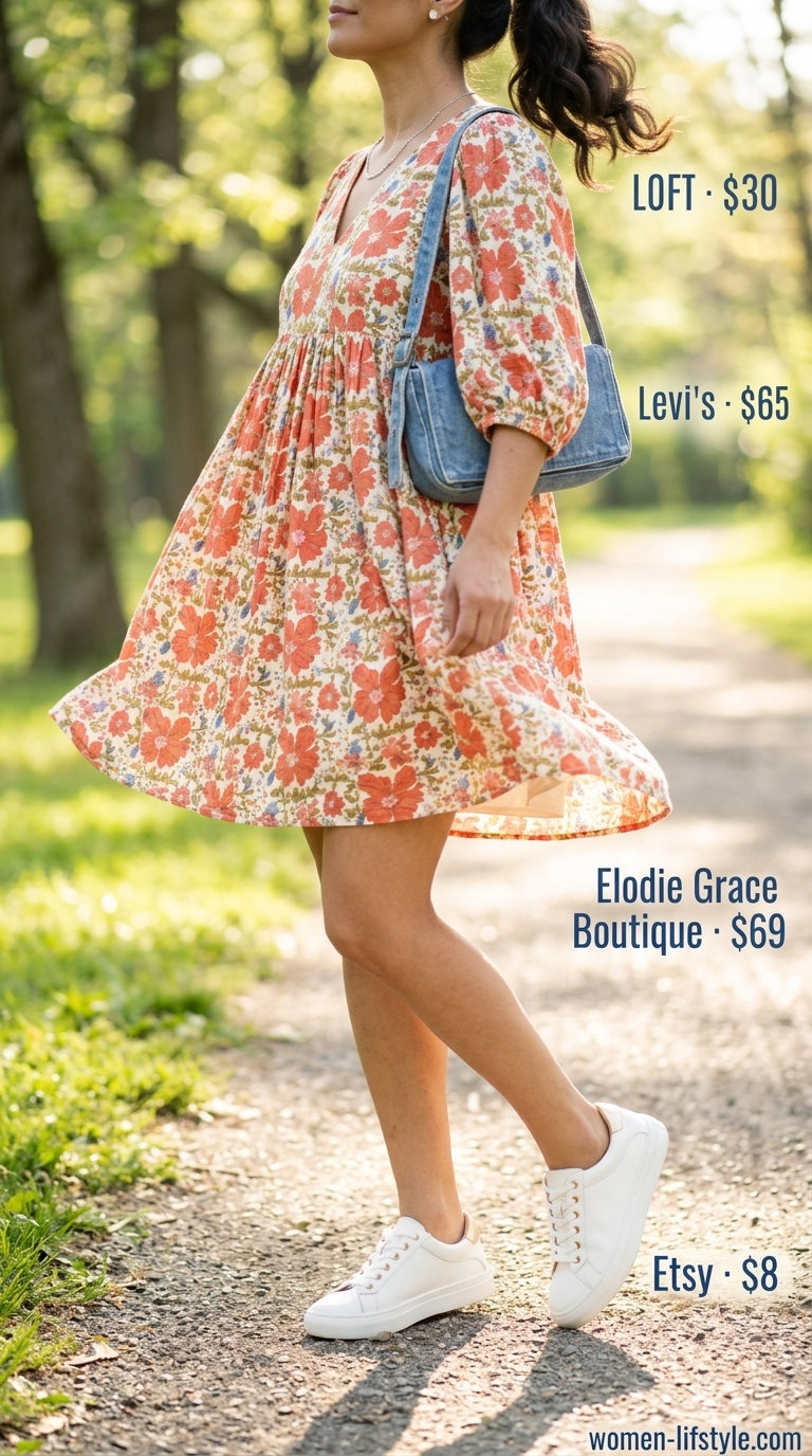 Playful coral floral dress for trendy mom outfits summer 2026. Ideal for park days with denim bag and white sneakers.
