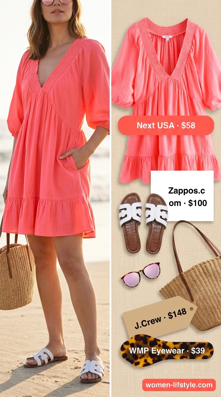 Trendy mom outfits summer 2026: Coral mini dress, white slides, straw tote for beach days and parties.