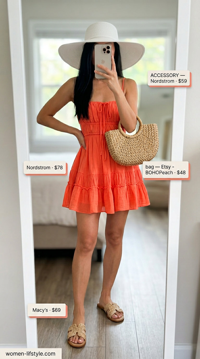 Trendy mom outfits summer 2026: Coral sundress, straw hat, basket bag, and flat sandals for a casual day out.