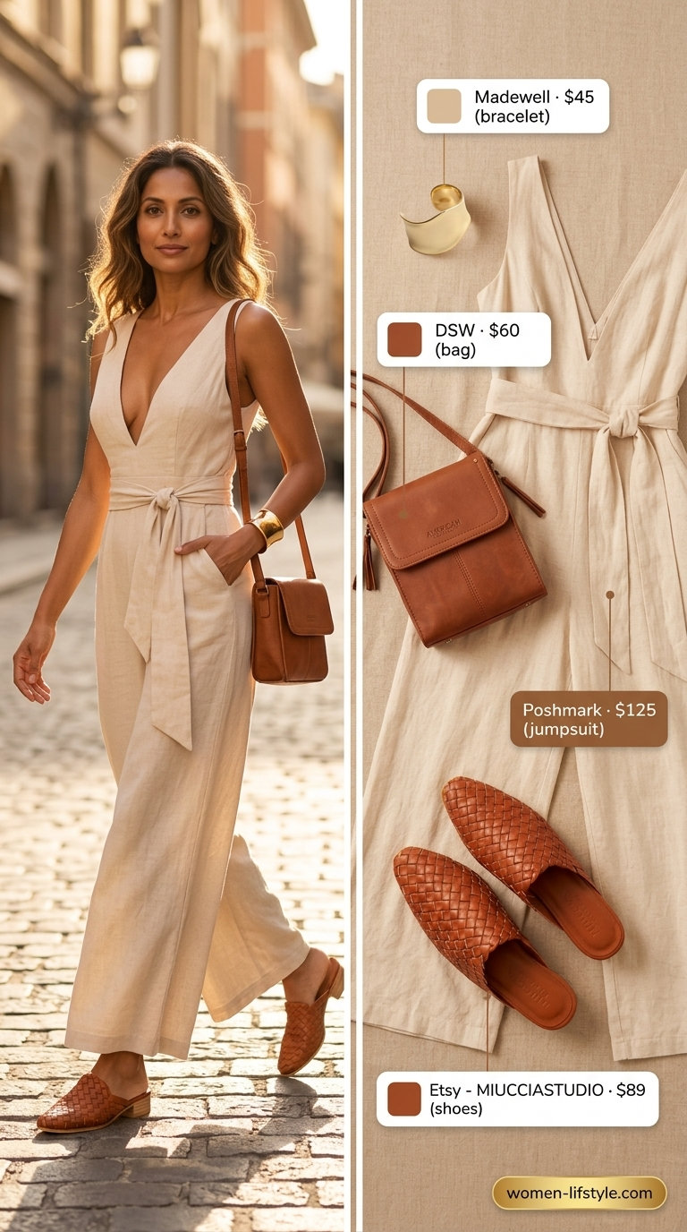 Trendy mom outfits summer 2026: Cream linen jumpsuit, block heels, crossbody bag, and gold bracelet for events.