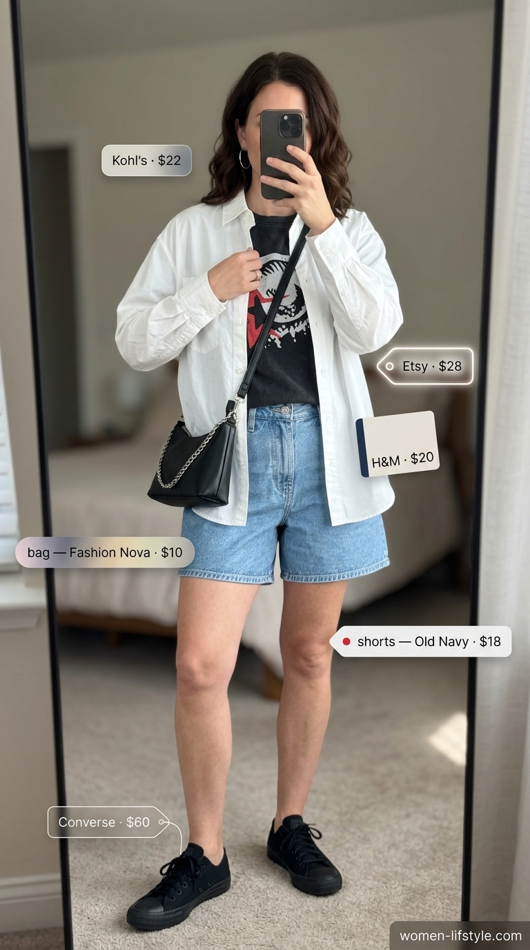 Trendy mom outfits summer 2026: Denim shorts, graphic tee, oversized shirt, sneakers for urban exploration.