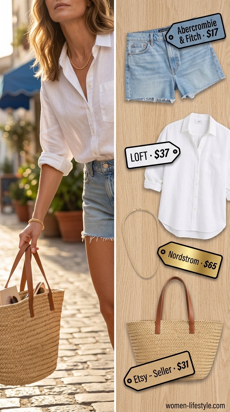 Relaxed denim shorts for trendy mom outfits summer 2026. Perfect for farmer's markets with linen shirt.