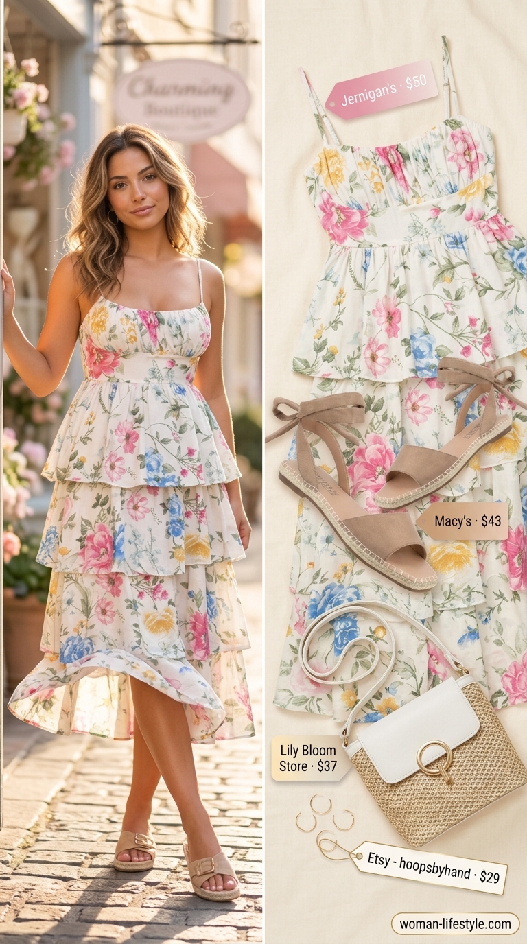 Trendy mom outfits summer 2026: Floral midi dress, espadrilles, straw bag, and gold hoop earrings for evening.