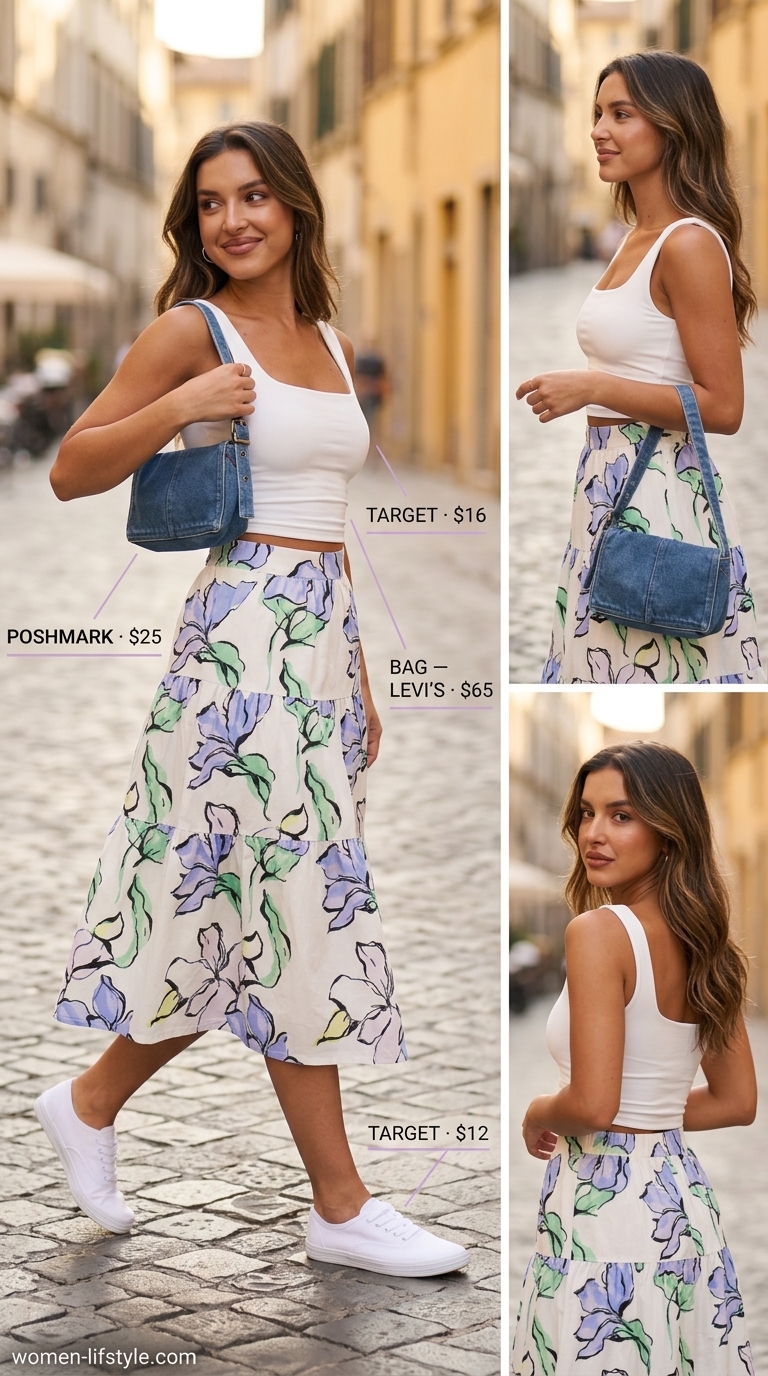Trendy mom outfits summer 2026: Floral midi skirt, white tank, denim jacket, sneakers for brunch.