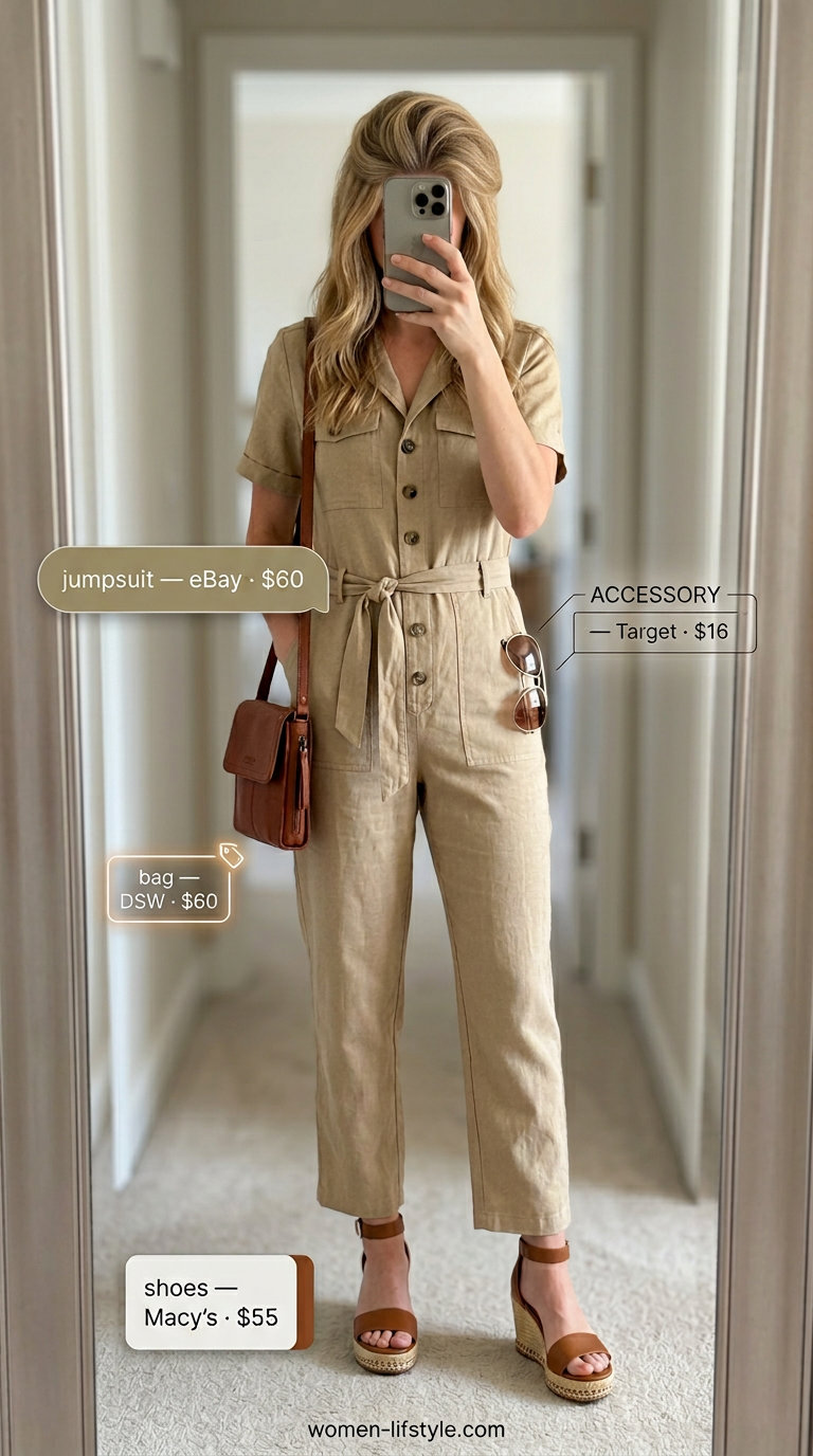 Trendy mom outfits summer 2026: Khaki linen jumpsuit, espadrilles, crossbody bag, and aviator sunglasses for errands.