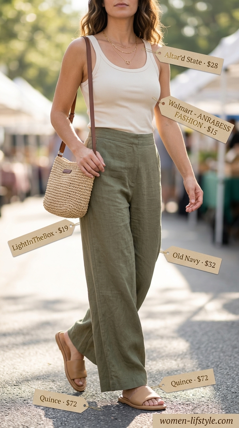Trendy mom outfits summer 2026: Olive linen pants, cream tank top, straw bag, and leather sandals for brunch.