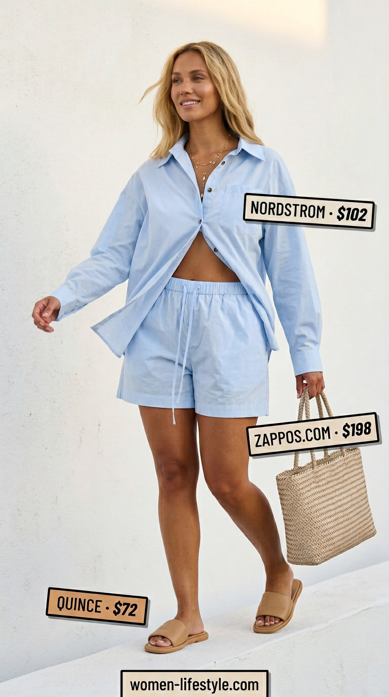Trendy mom outfits summer 2026: Light blue linen set with tan slides and woven tote for vacation.