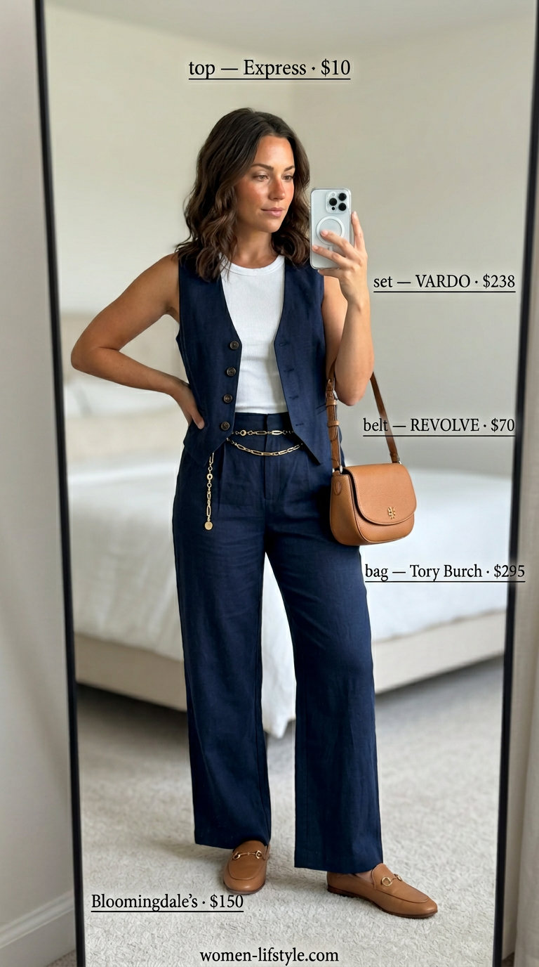 Trendy mom outfits summer 2026: Navy linen vest and trousers set, white tank, loafers, and shoulder bag for events.