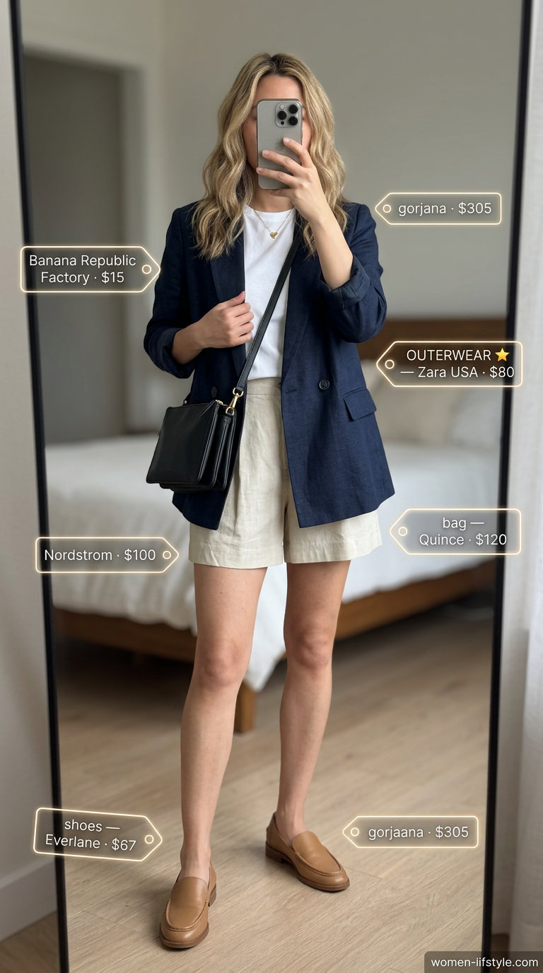 Trendy mom outfits summer 2026: Beige linen shorts, navy blazer, white tee, tan loafers for smart casual events.