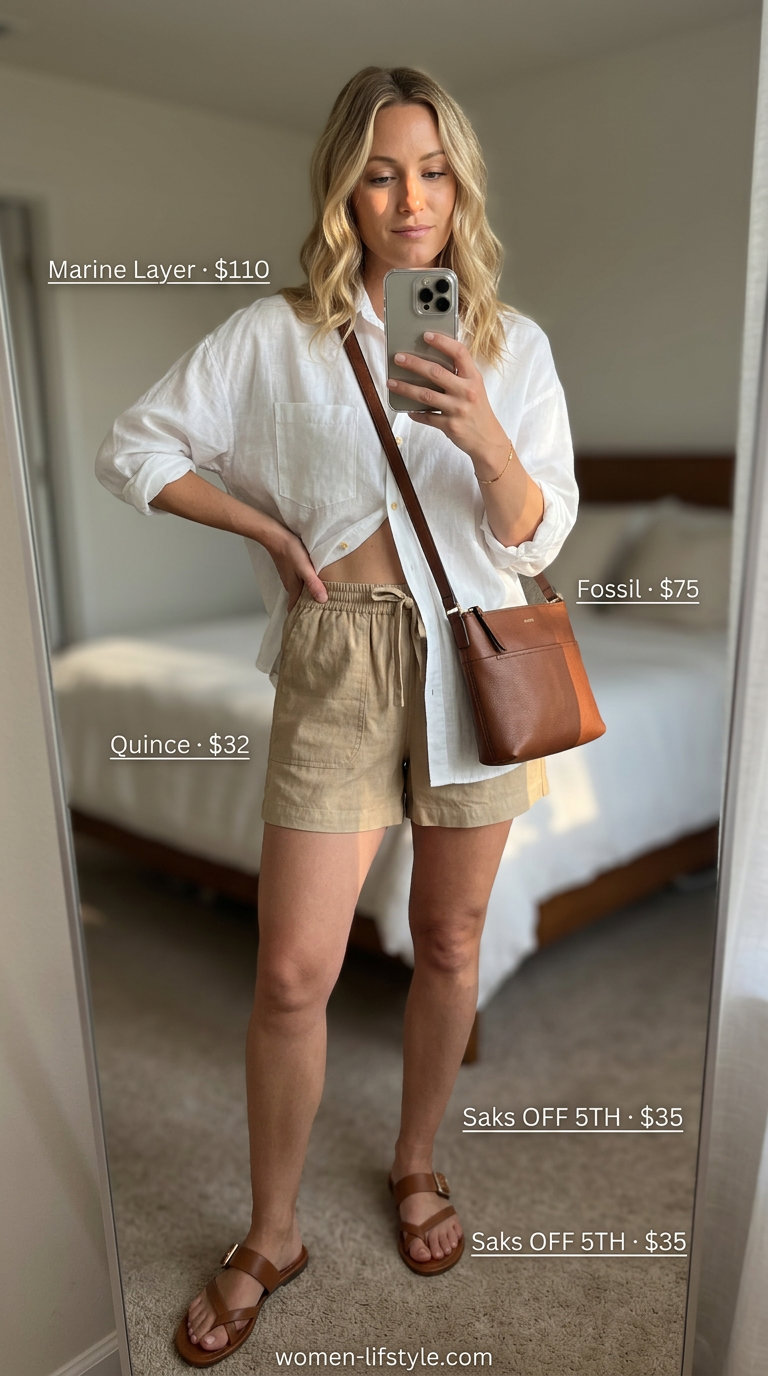Trendy mom outfits summer 2026: White linen shirt, tan linen shorts, flat sandals, and crossbody bag for vacation.