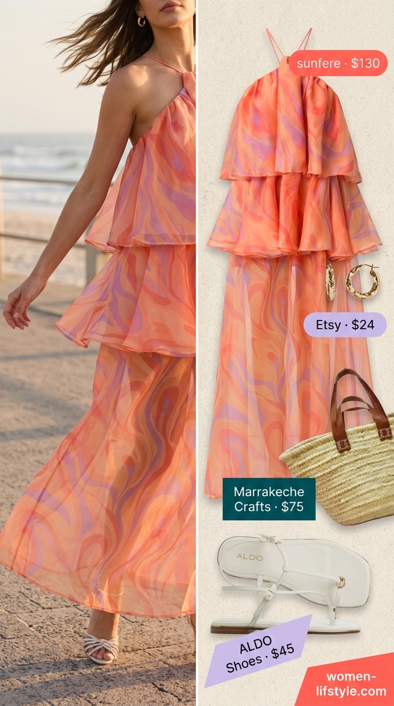 Bohemian coral and teal maxi dress for trendy mom outfits summer 2026. Perfect for beach vacations with straw tote.