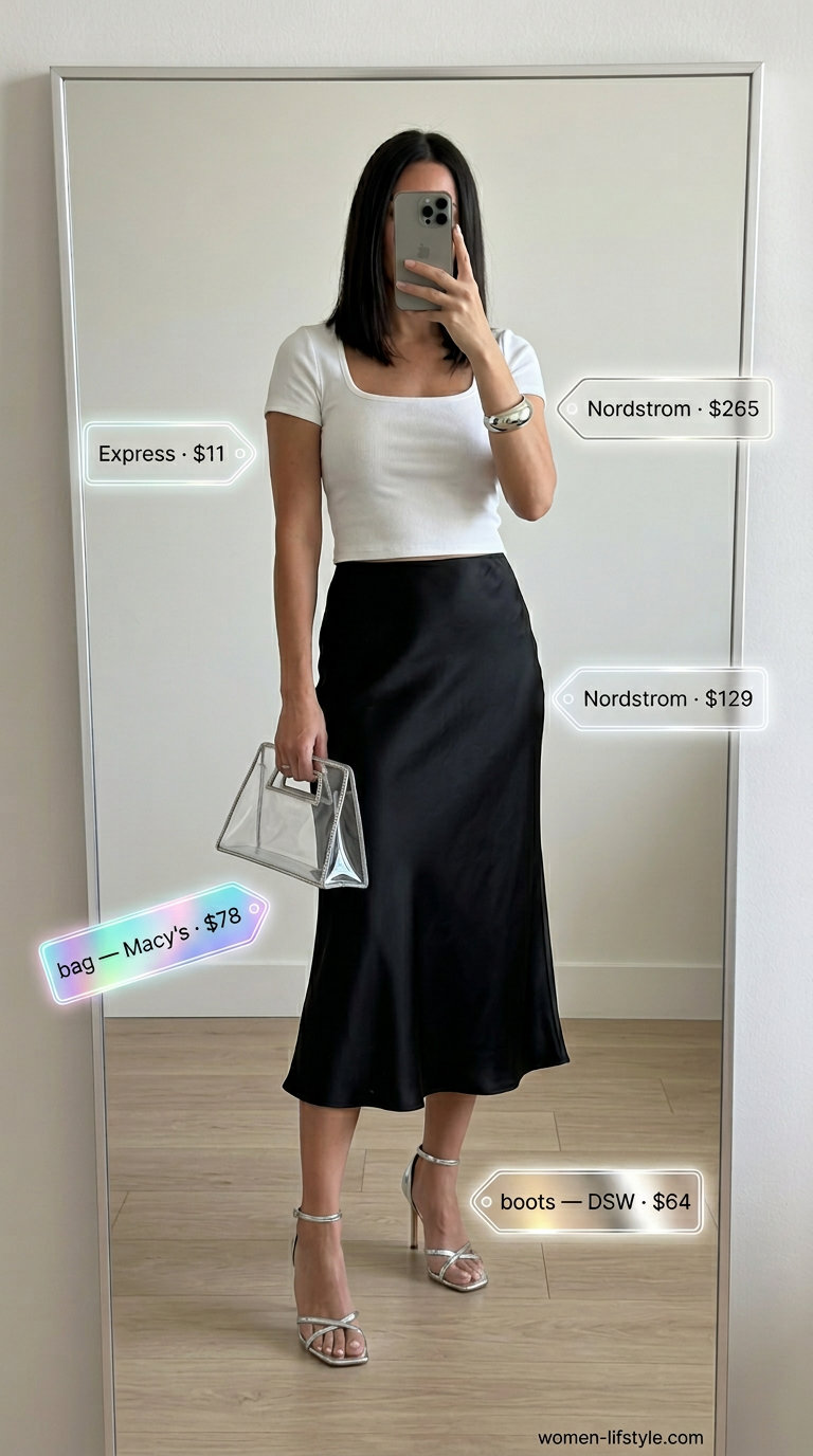 Trendy mom outfits summer 2026: Black satin midi skirt, white crop top, strappy heels, and silver clutch for evening.