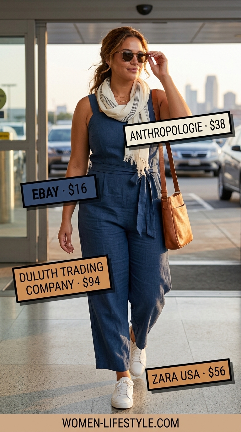 Chic navy jumpsuit for trendy mom outfits summer 2026. Perfect for travel day with white sneakers and tan crossbody.