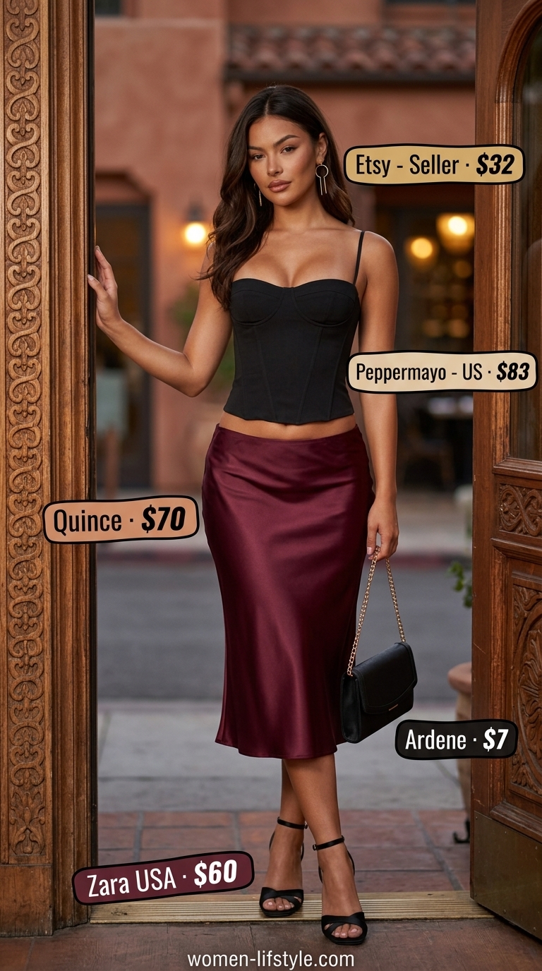 Glamorous burgundy slip skirt for trendy mom outfits summer 2026. Perfect for date nights with corset top.