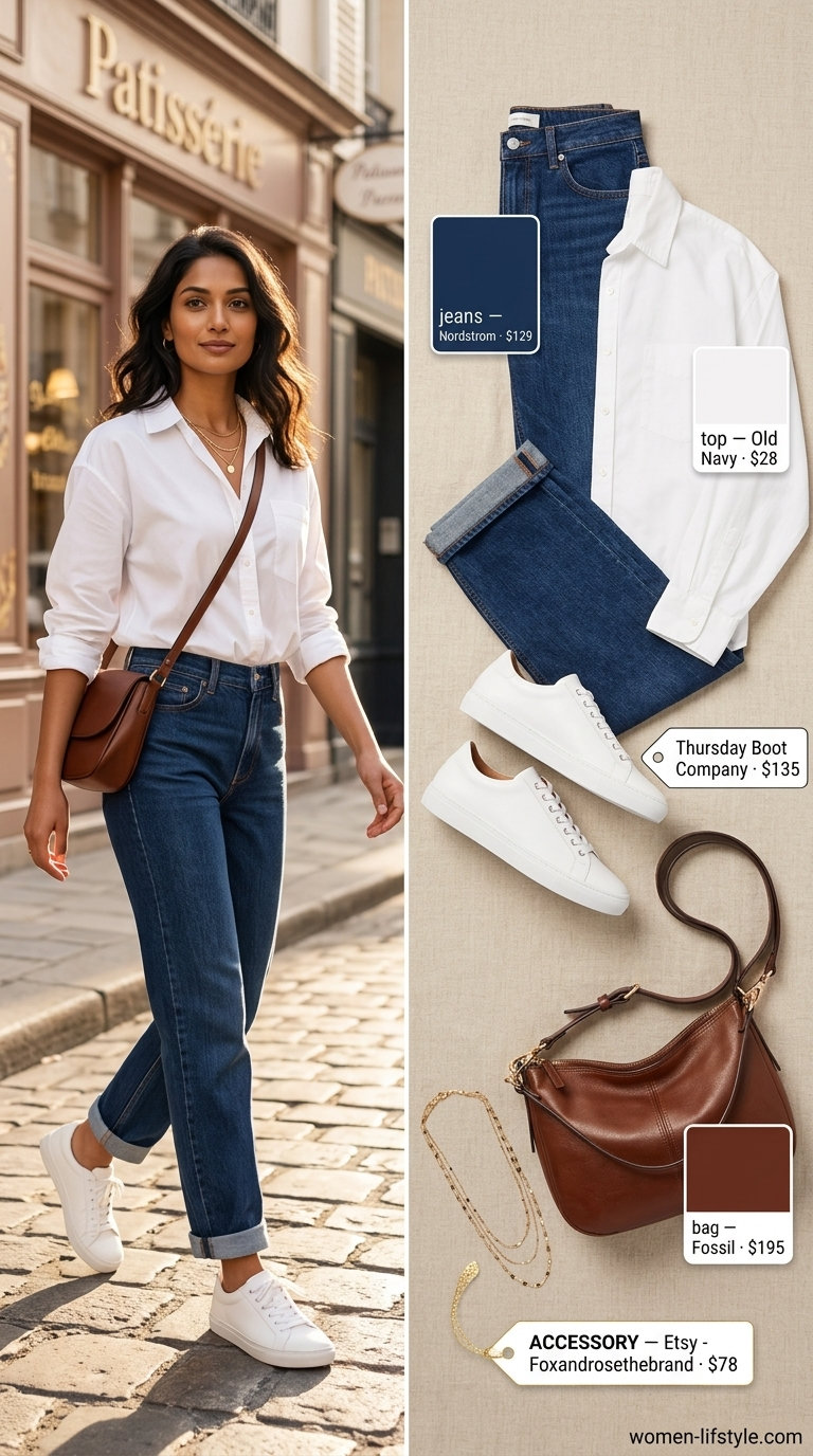 Trendy mom outfits summer 2026: Straight-leg jeans, white shirt, sneakers, layered necklaces for weekend chic.