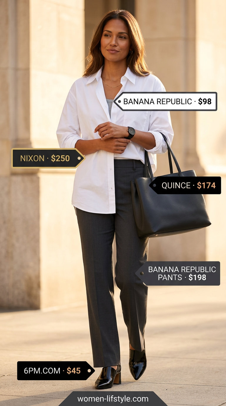 Polished charcoal trousers for trendy mom outfits summer 2026. Great for casual Friday office with button-down.