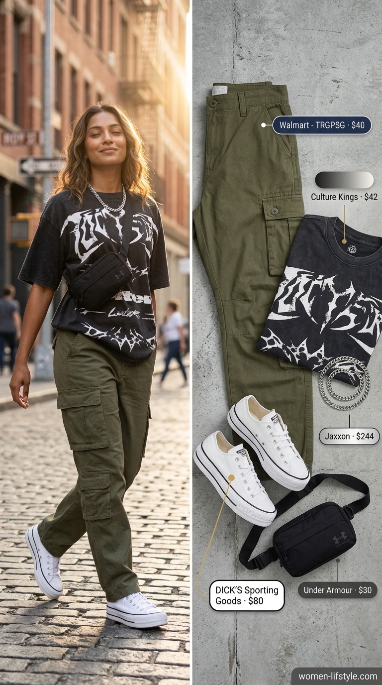 Trendy mom outfits summer 2026: Olive cargo pants, graphic tee, belt bag, chunky sneakers, and silver necklace.