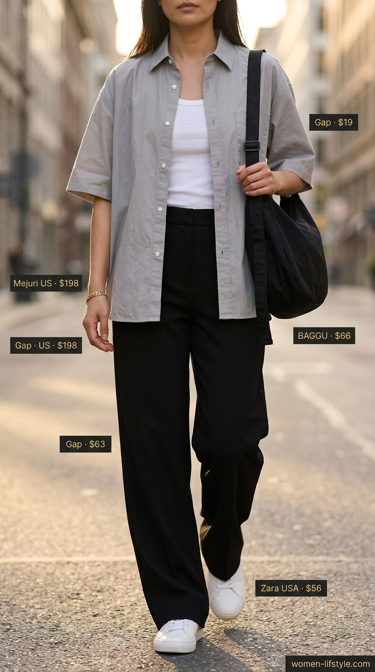 Trendy mom outfits summer 2026: Black wide-leg pants, white tank, grey shirt, sneakers for elevated athleisure.