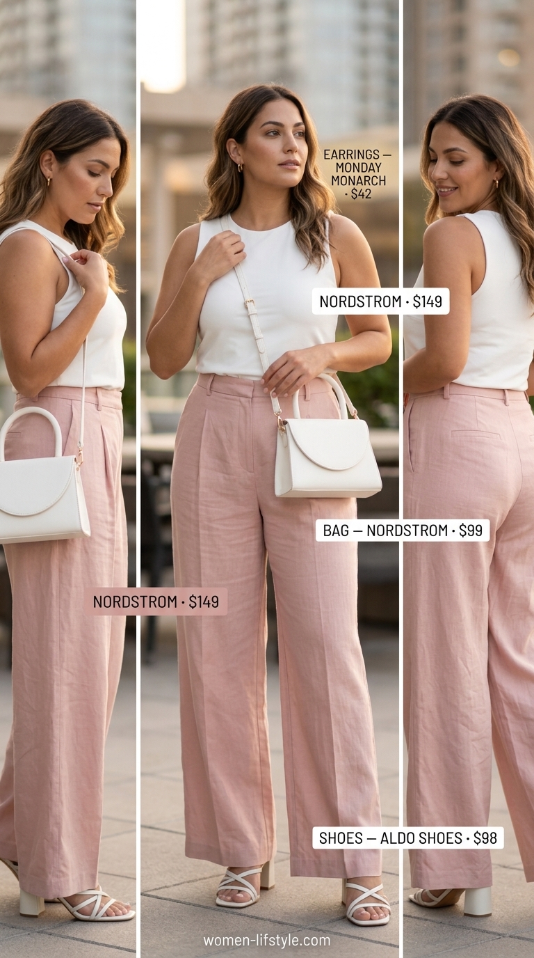 Blush pink linen set: trendy monochrome summer outfits 2026. Sophisticated, feminine style for summer evenings or date nights.
