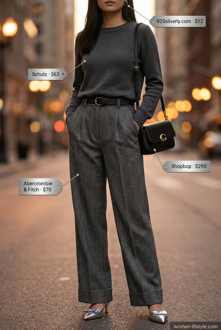 Sophisticated charcoal grey monochrome outfit for evening or business casual. Trendy monochrome summer outfits 2026.