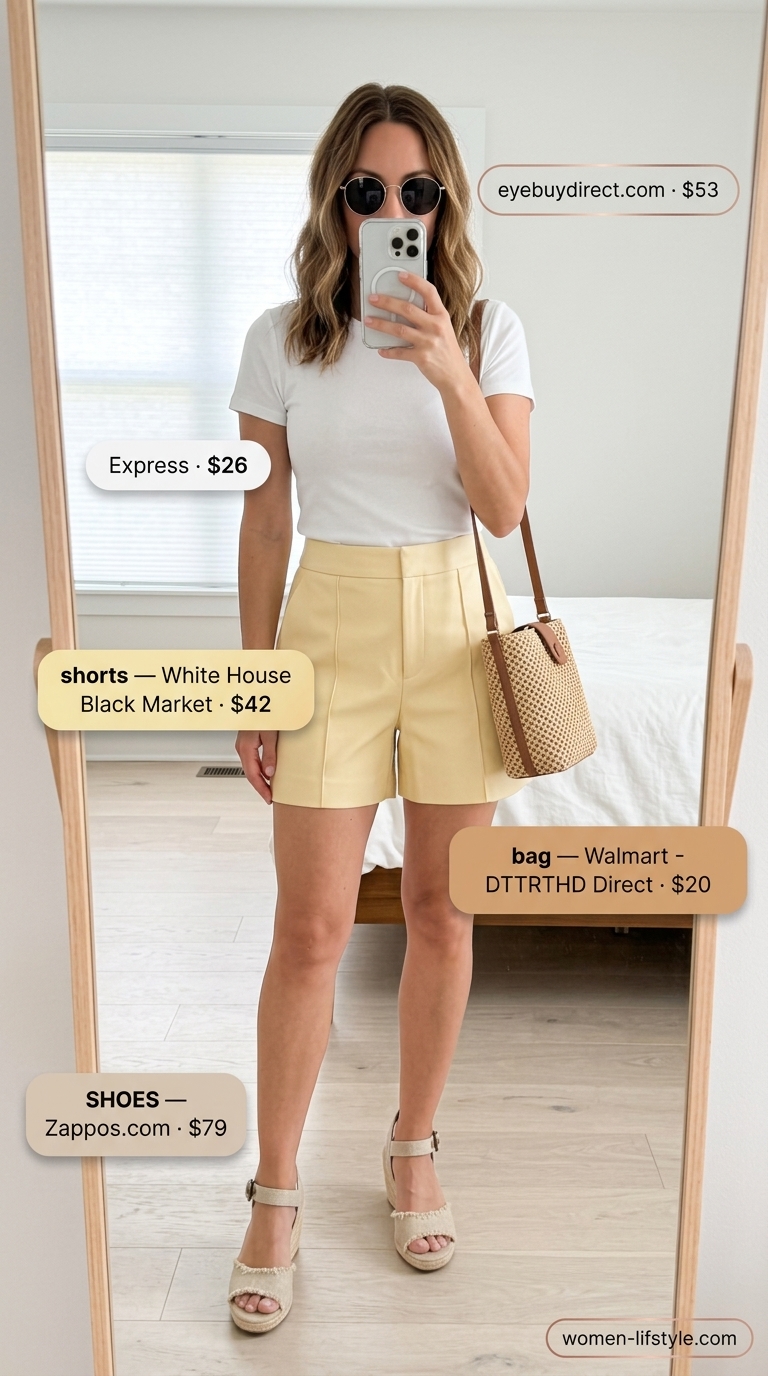 Playful citrus yellow monochrome shorts outfit for summer days. Trendy monochrome summer outfits 2026.