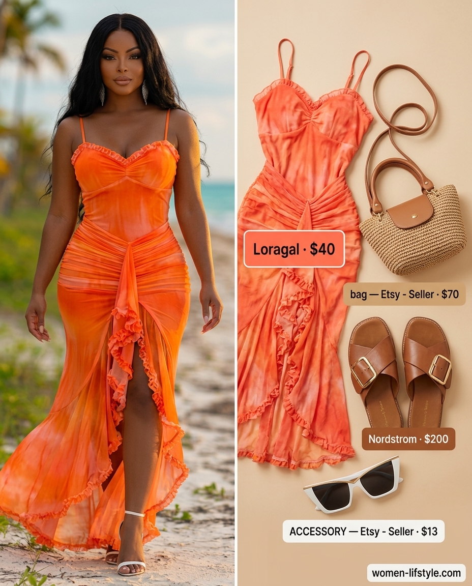 Coral maxi dress outfit: trendy monochrome summer outfits 2026. Vibrant, glamorous style for vacation evenings or beachside dinners.