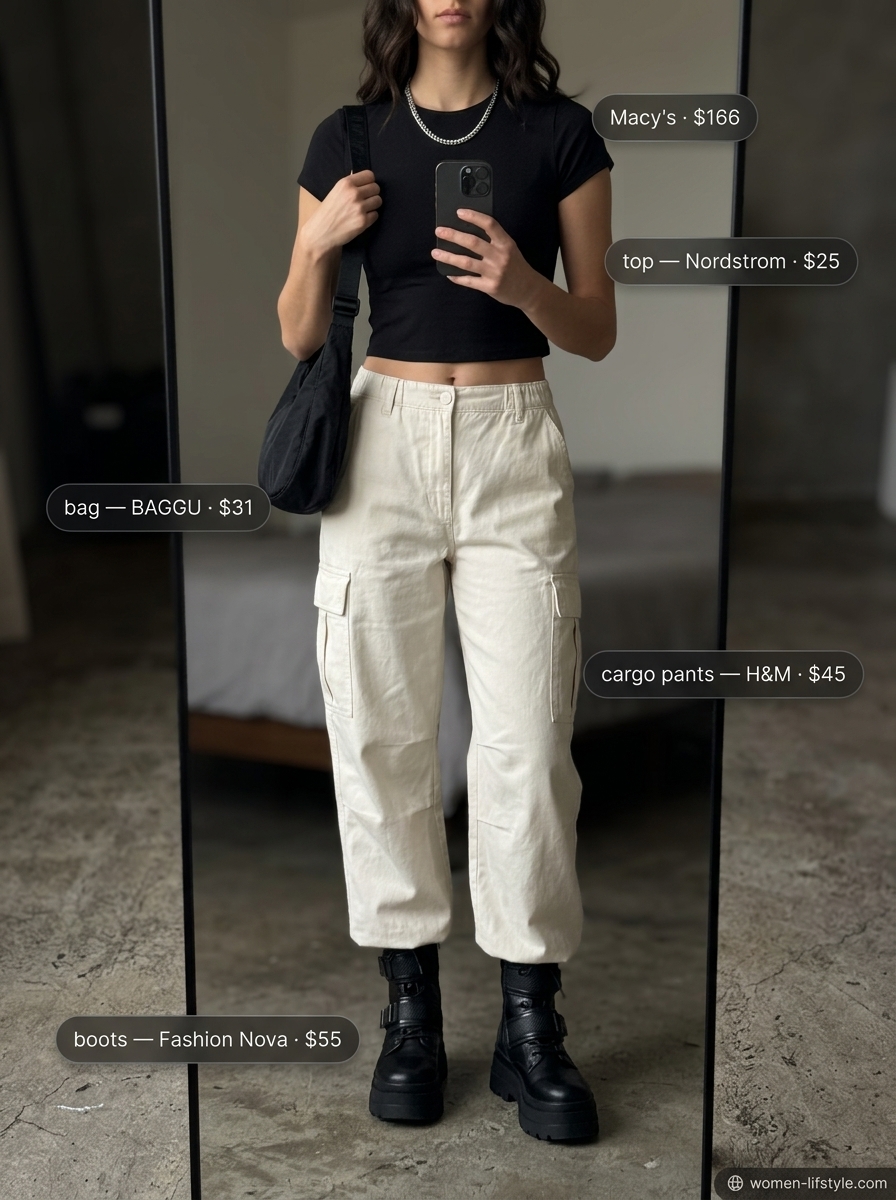 Trendy monochrome summer outfits 2026: Cream cargo pants, black crop top, chunky boots for edgy street style.
