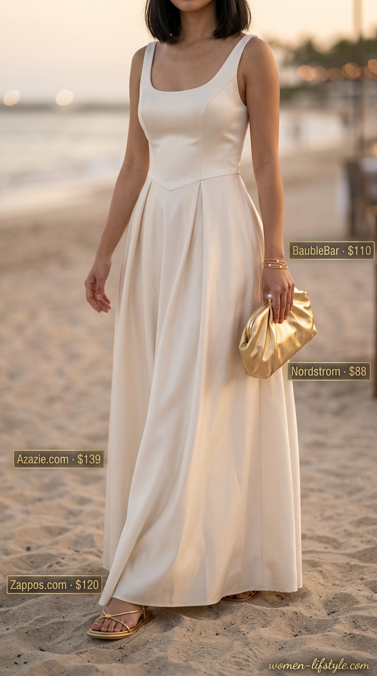 Elegant cream monochrome maxi dress for summer events. Trendy monochrome summer outfits 2026.