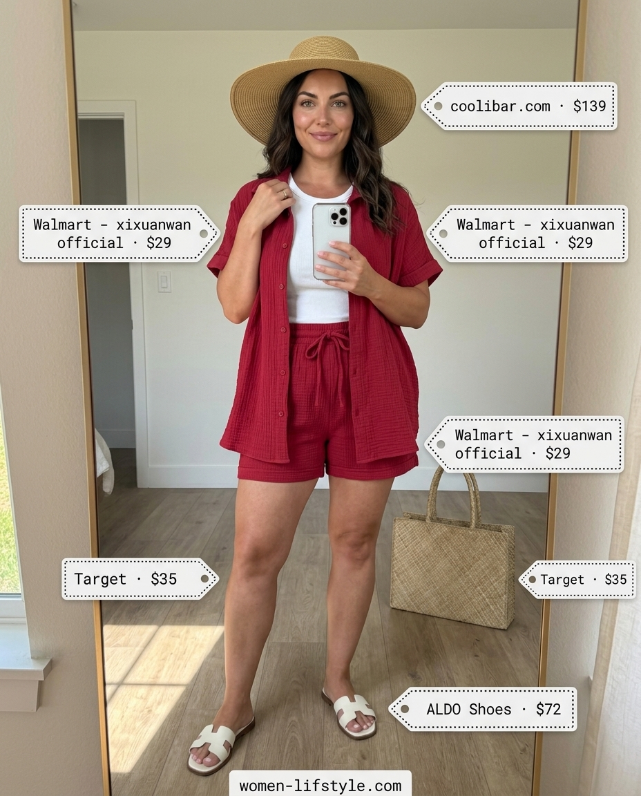 Vibrant crimson red monochrome linen shorts set for vacation. Trendy monochrome summer outfits 2026.