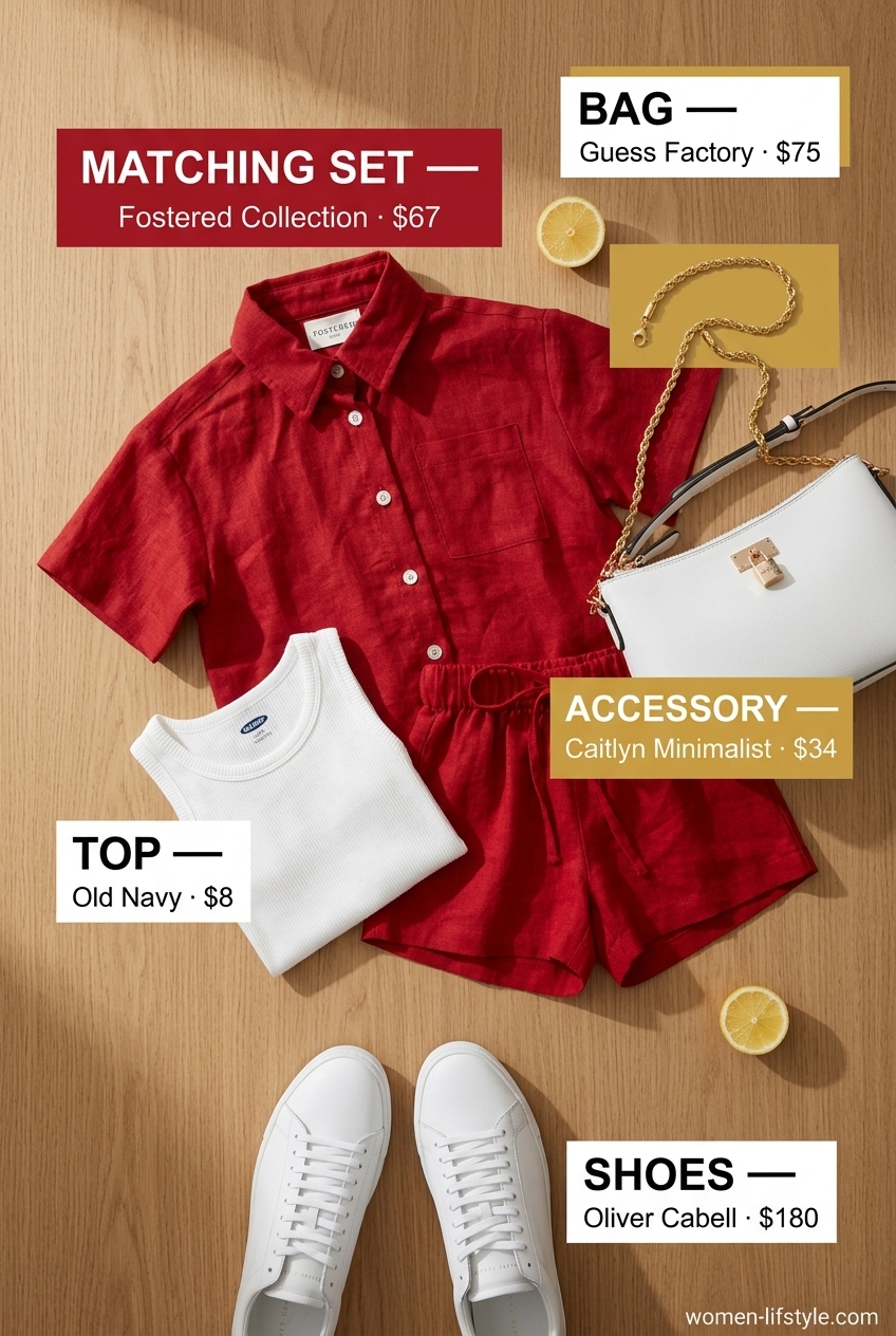 Crimson linen shorts set: trendy monochrome summer outfits 2026. Bold, chic style for brunch or beach town exploration.