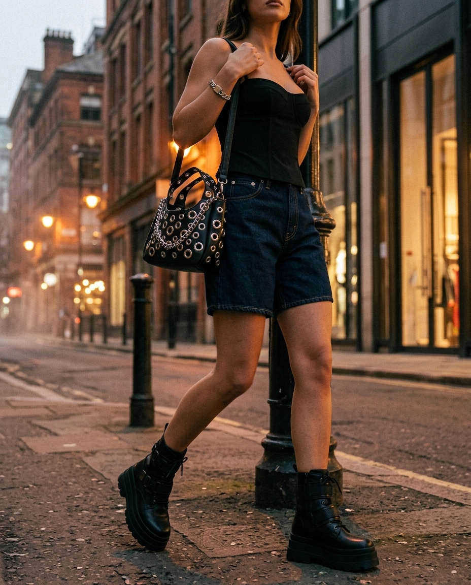 Black corset top and denim shorts: trendy monochrome summer outfits 2026. Edgy, cool style for concerts or bar hopping.