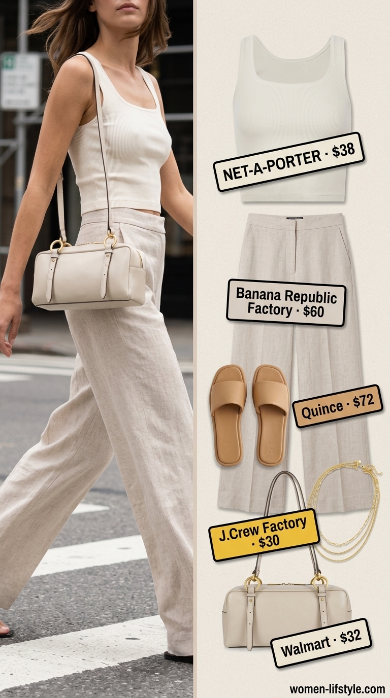 Ivory linen pants outfit: trendy monochrome summer outfits 2026. Relaxed, chic style for brunch or shopping trips.