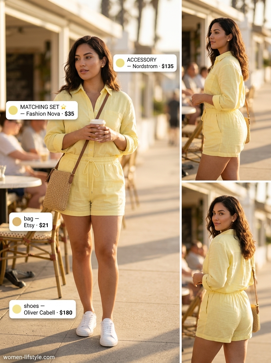 Cheerful lemon yellow monochrome linen set for casual days. Trendy monochrome summer outfits 2026.