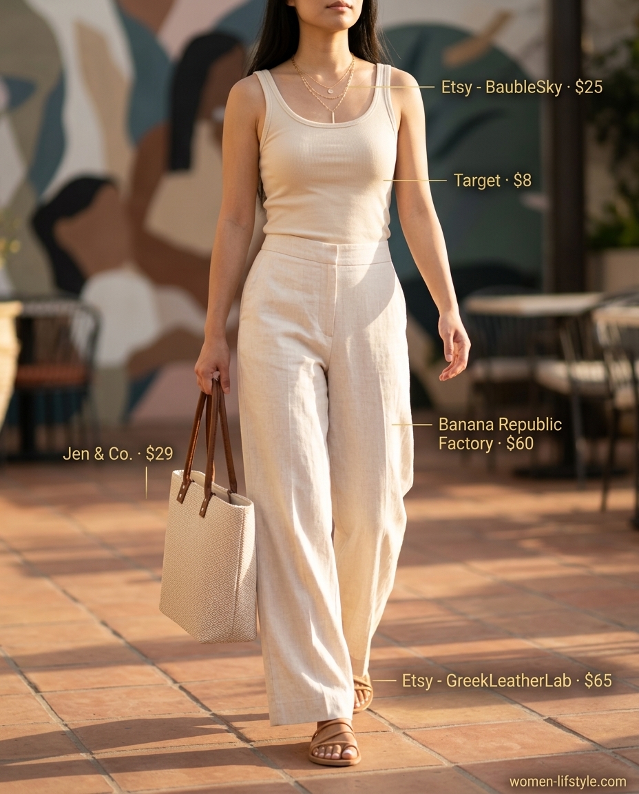 Trendy monochrome summer outfits 2026: Ivory linen pants, beige tank top, straw tote for relaxed sophisticated style.