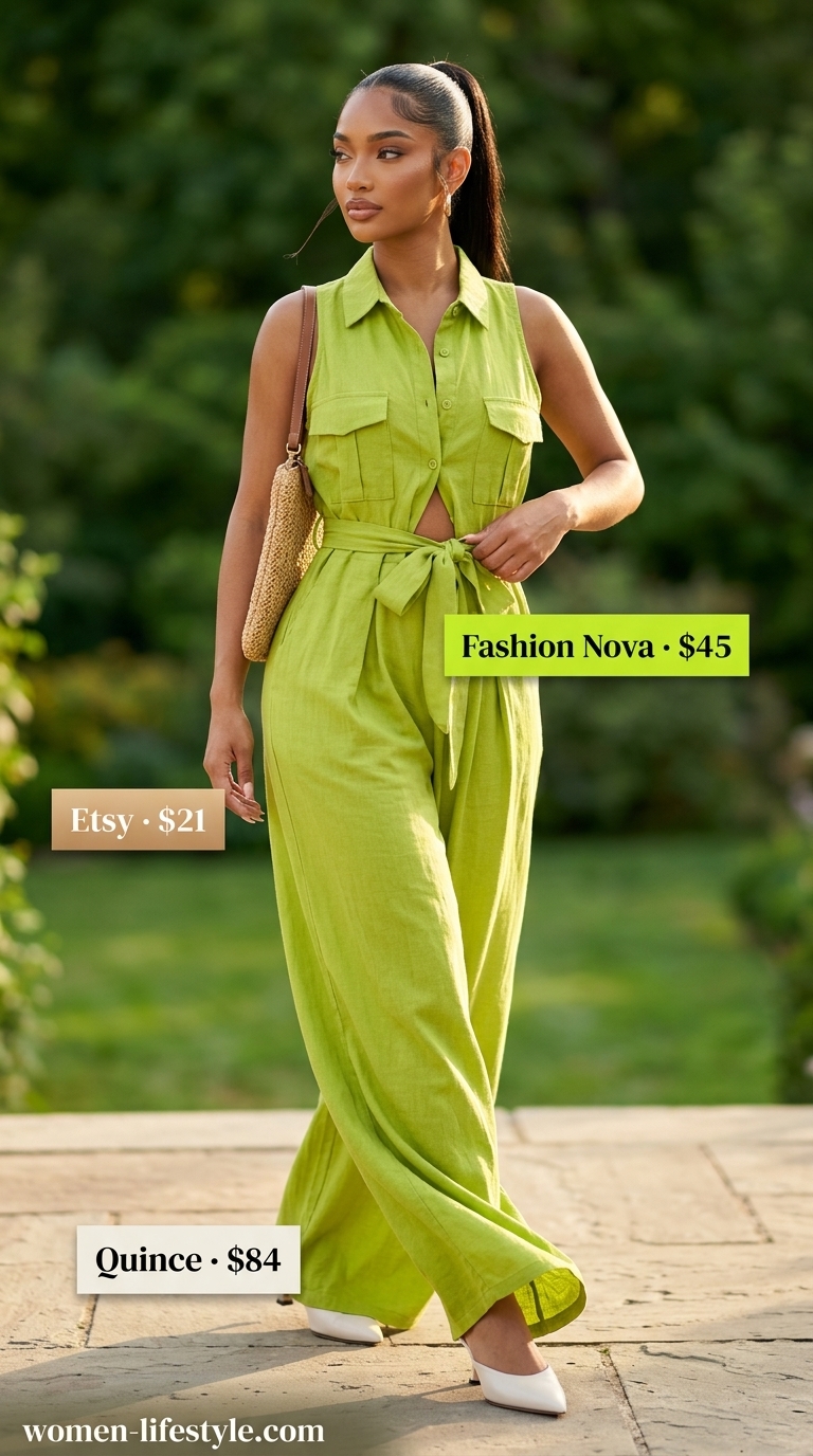 Trendy monochrome summer outfits 2026: Mint green linen jumpsuit with straw bag and mules for chic vacation style.
