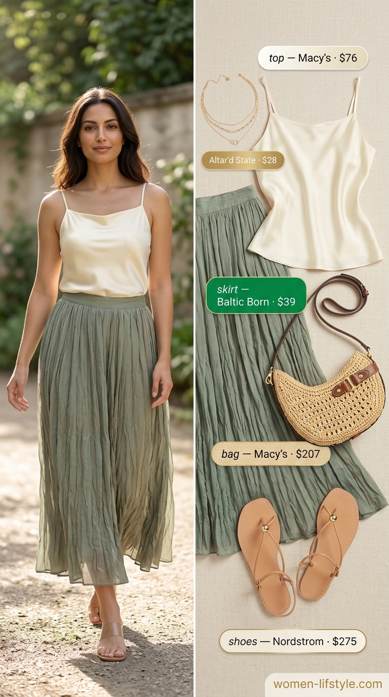 Romantic sage green monochrome skirt outfit for brunch. Trendy monochrome summer outfits 2026.