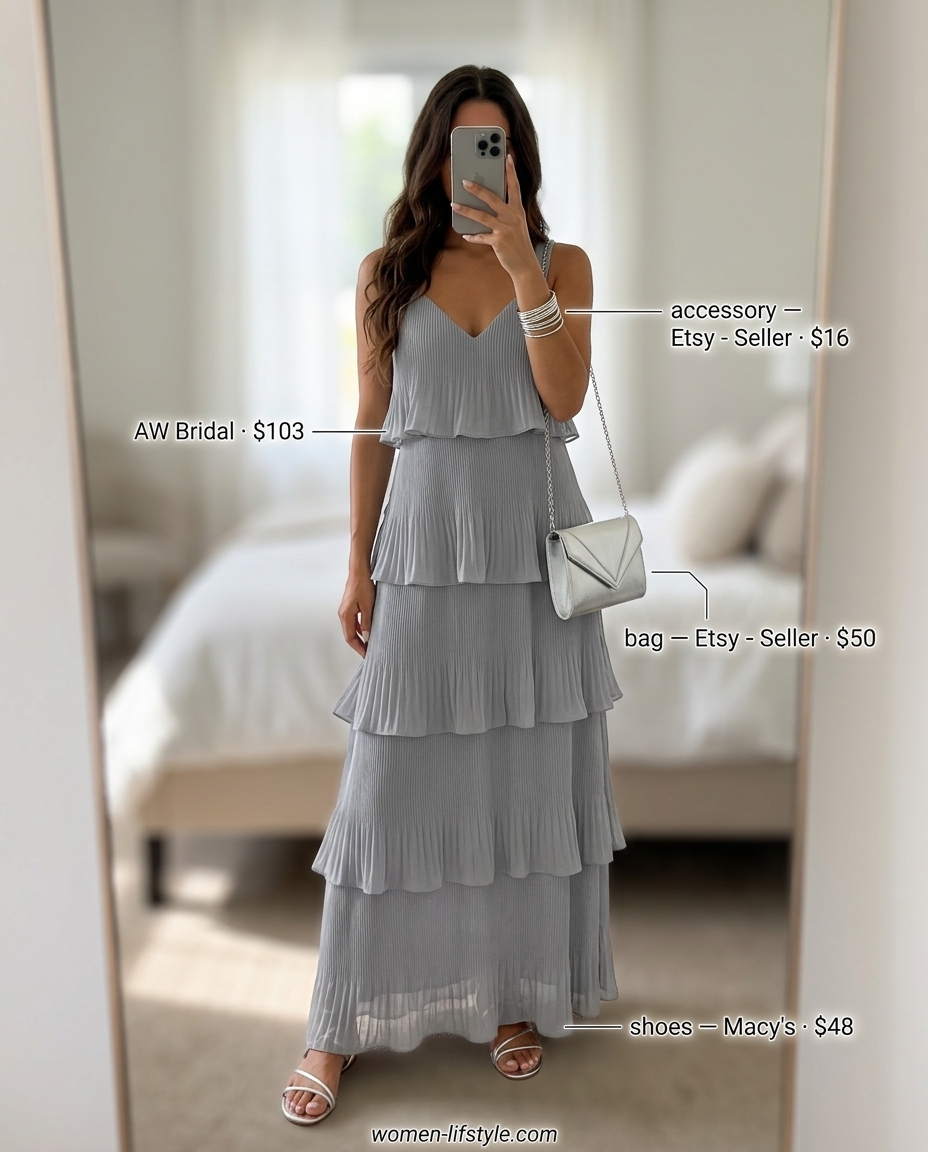 Elegant dove grey monochrome maxi dress for summer events. Trendy monochrome summer outfits 2026.
