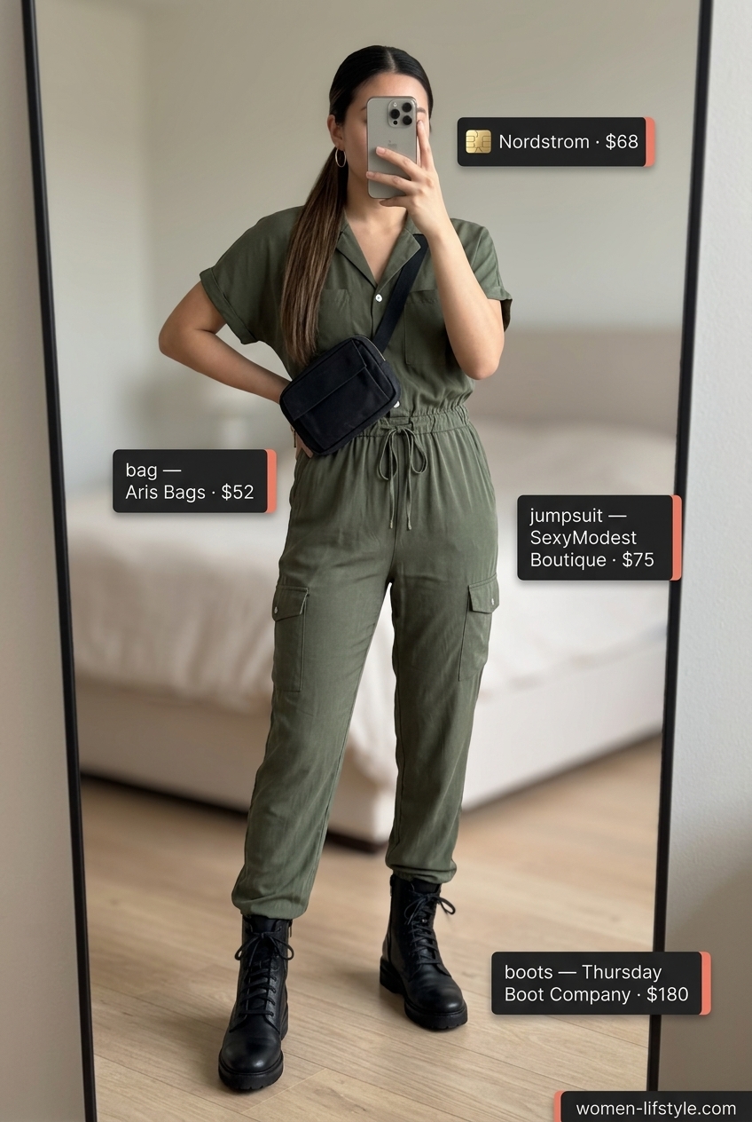 Trendy monochrome summer outfits 2026: Olive green utility jumpsuit with black boots and belt bag for cool style.