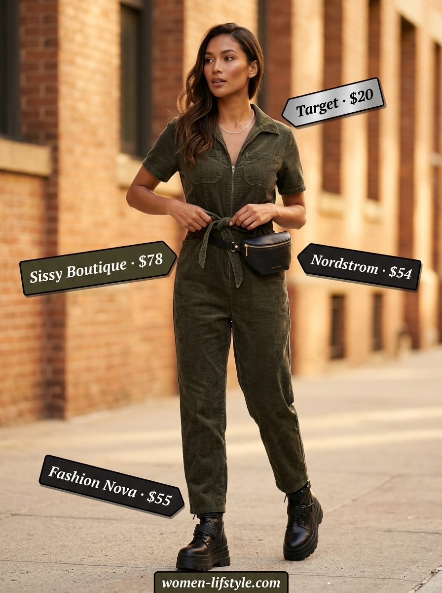 Trendy monochrome summer outfits 2026: Olive green utility jumpsuit with black platform boots and belt bag.